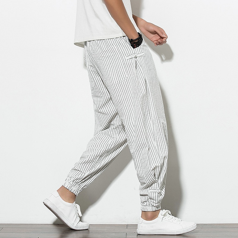 Pánské Tepláky Běžec Kalhoty Letní kalhoty Plážové kalhoty Šňůrky Elastický pas Proužek Pohodlné Prodyšné Ležérní Denní Streetwear Směs bavlny Sportovní Módní Černá Bílá Lehce elastické 2025 - $32.99 –P1