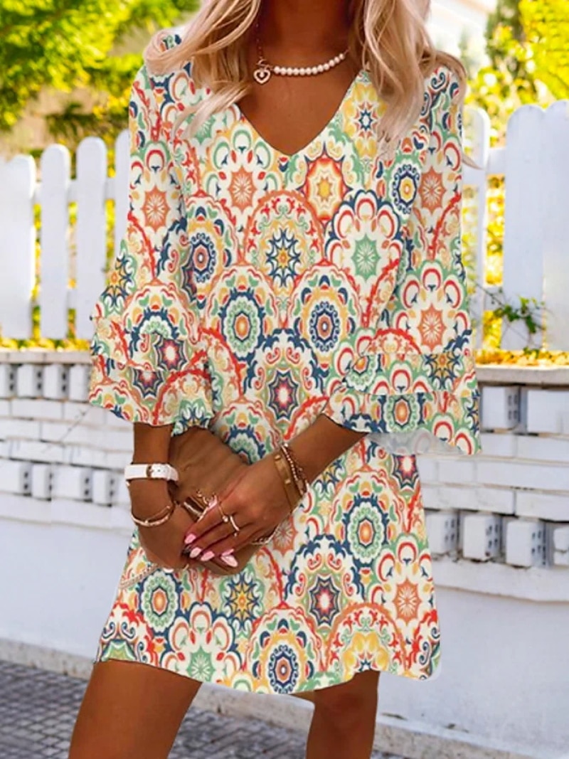 Pentru femei Rochie casual Rochie etnică Rochie de schimb Rochie Mini Portocaliu Bej Lungime Manșon 3/4 Floral Bufantă Vară Primăvară În V Vacanță Potrivire Largă 2023 S M L XL XXL 3XL 2025 - $31.99 –P1