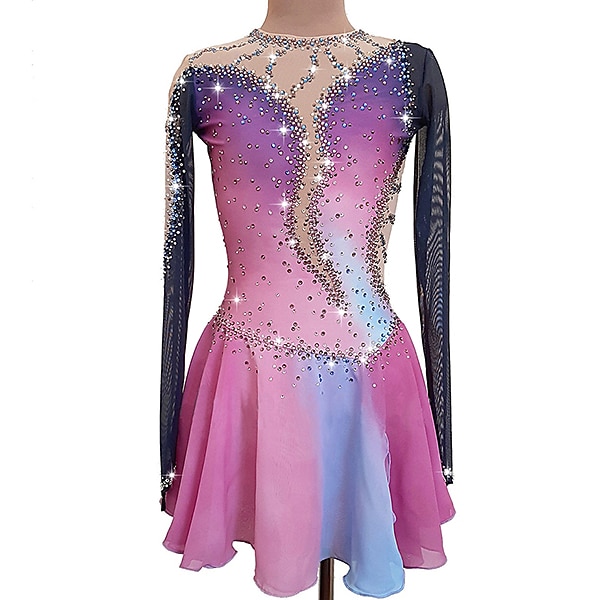 Robe de Patinage Artistique Femme Fille Patinage Robes Rose Dos ouvert Spandex Haute élasticité Entraînement Compétition Tenue de Patinage Fait à la main Cristal / Stras manche longue Patinage sur de 2025 ? $179.99 –P1