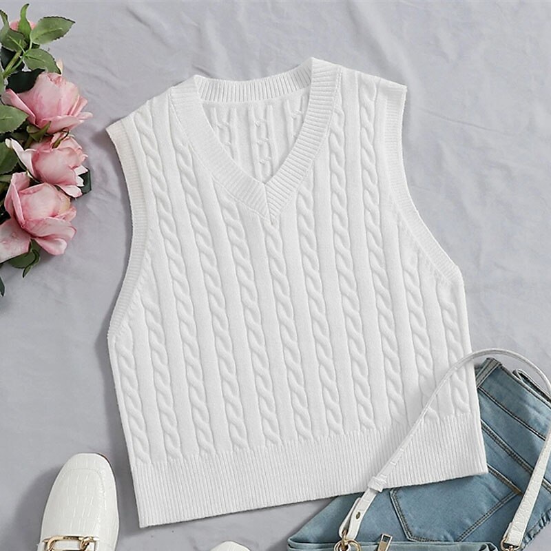 Colete de suéter de venda imperdível amazon europeu e americano moda casual sem mangas cabo suéter com decote em v colete de malha feminino de 2025 por $41.99 –P5