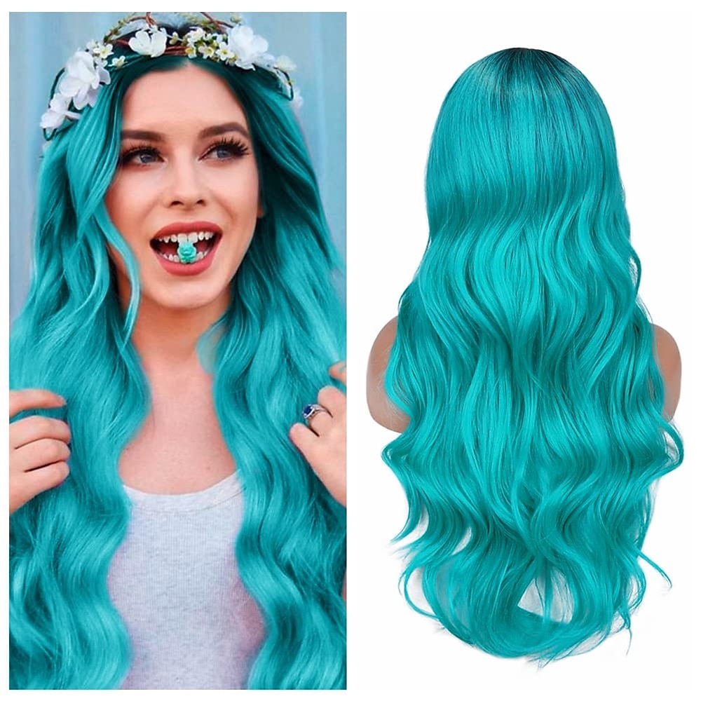 Perruques Ombre Aimante Vert Bleu Longues Bouclées Wavy Perruque Teal Blue Partir sur le Côté 2 Tons Racines Foncées Perruques de Fête Quotidienne Cosplay pour Femmes Perruques d'Halloween de 2025 ? $31.99 –P1