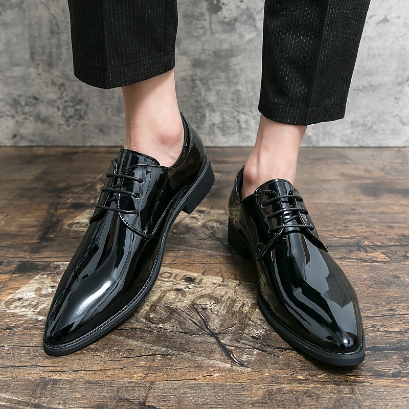 męskie lakierowane skórzane buty wizytowe typu oxford – błyszczące, formalne, sznurowane buty do biznesu, na wesela i wieczorne imprezy 2025 - $54.99 –P6