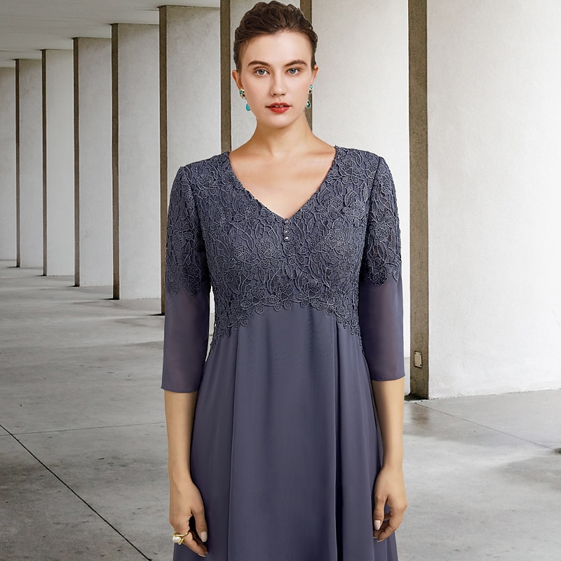 Abito per la madre della sposa A-Line invitata a un matrimonio elegante taglie forti scollo a V lunghezza tè in chiffon pizzo manica 3/4 con ruches applicazioni 2025 taglia personalizzata gratuita del 2025 a $167.99 –P1