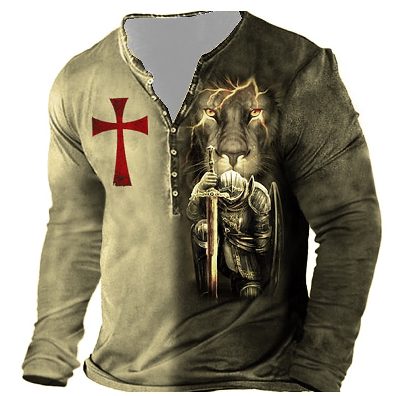 2025年 男性用 グラフィック テンプルクロス 十字架 Tシャツ ヘンリーシャツ 長袖 3Dプリント デザイナー ベーシック クラシック アウトドア 日常 スポーツ 春夏 イエロー ブルー パープル グレー ヘンリー ヘンリーTシャツ コレクション – $25.99 –P2