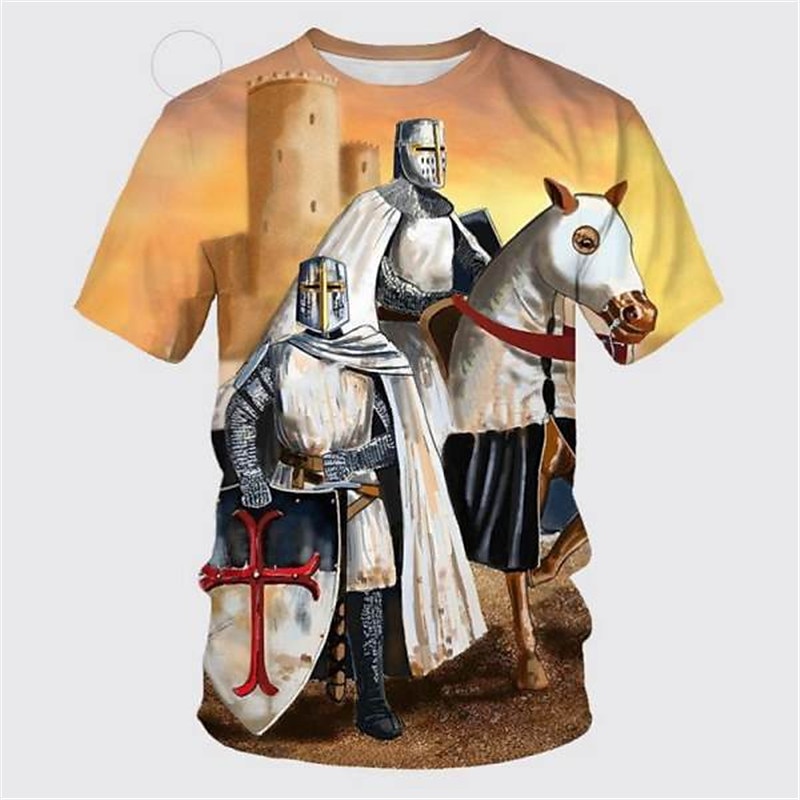 Men's Templar Cross Graphic Prints Soldier T Shirt Christian T Shirts Short Sleeve T shirt 3D Print Crew Neck Shirt Vintage Sports Designer Outdoor Street Daily Black / Gray Black White Summer 2025 - $17.99 –P4