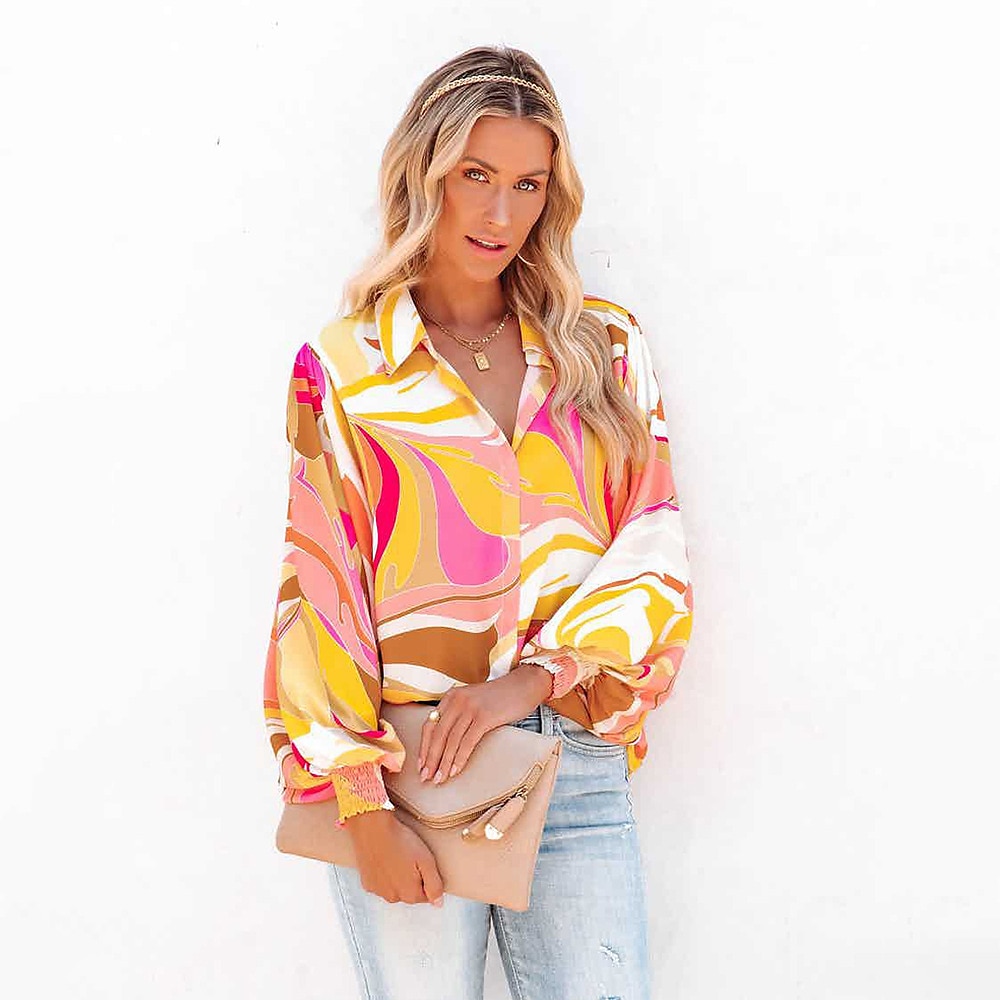Women's Shirt Blouse Fashion Buttons Print Long Sleeve Regular Tops Shirt Collar Casual Blue Purple Green Gray Spring & Fall 2025 - $21.99 –P3