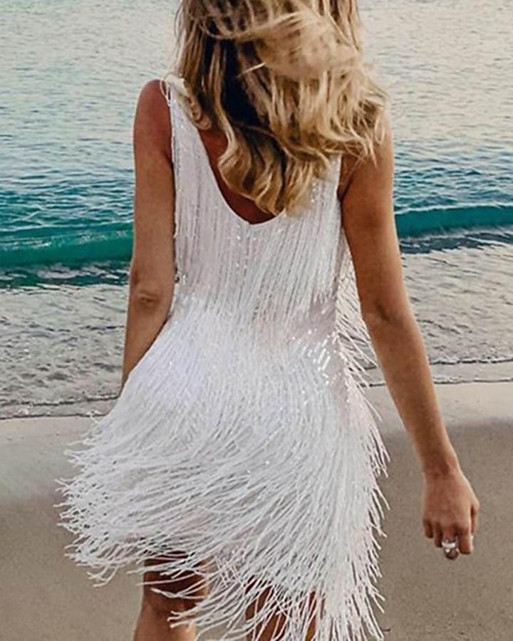 2026年 20代の轟音 1920年代風 ミニ ドレス フラップワンピース ノー・スリーブ グレートギャツビー タッセル スパンコール タッセル Ｖネック 仮装 女性用 クリスマス カーニバル 新年 プロムドレス クラブ パーティー 成人 ドレス ホームカミングドレス 夏 春  コレクション – $40.99 –P6