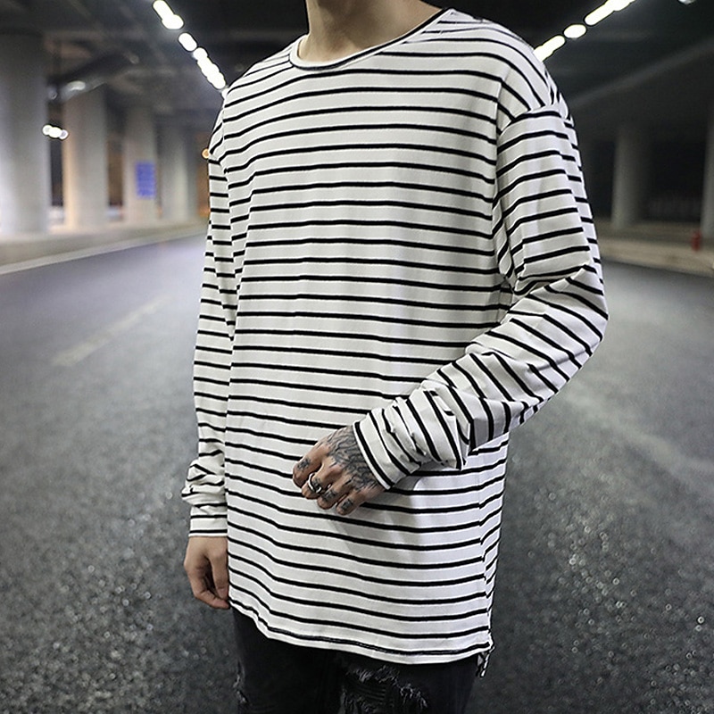 Men's T Shirt Long Sleeve Shirt Long Sleeve Crew Neck Spring Fall Striped Lightweight Casual Comfortable Vacation Casual Weekend Black White Top Tee for Men 2025 - $13.99 –P9