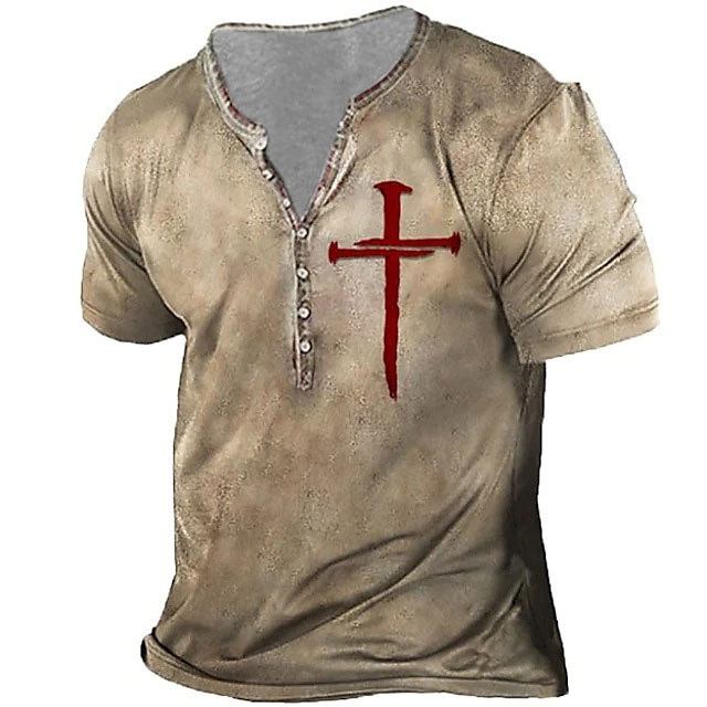2025年 男性用 Tシャツ ヘンリーシャツ ヴィンテージシャツ ヴィンテージ デザイナー ベーシック シャツ テンプルクロス 十字架 半袖 シャツ ブラック カーキ色 グレー アウトドア 日常 スポーツ ヘンリー 夏 衣類 3Dプリント プラスサイズ S M L XL XXL 3XL 4XL コレクション – $20.99 –P1
