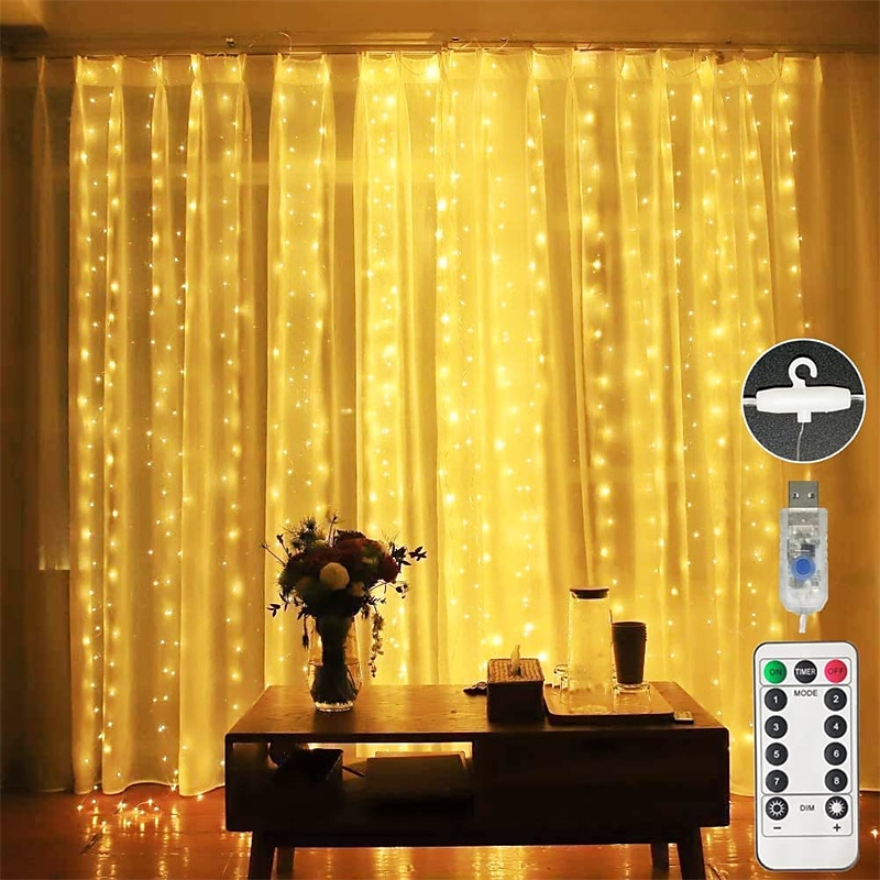 led gardinlys 3x3m-300 led 8 moduser usb med fjernkontroll 9 farger for hjemmerom soverom bryllupsfest jul vindu veggdekorasjoner rominnredning 2025 - $24.99 –P6