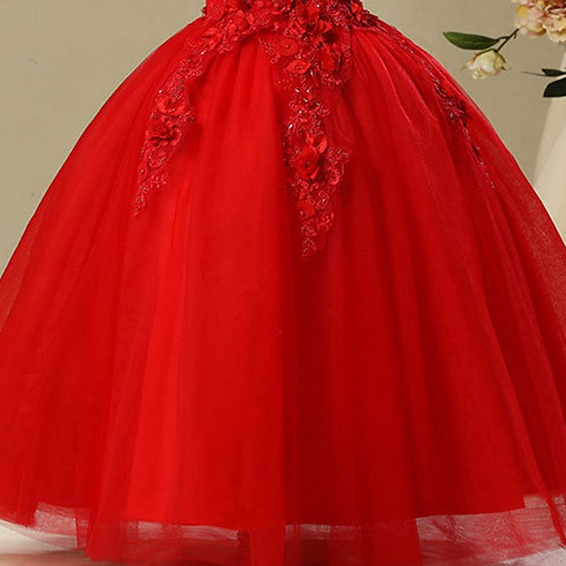 Abito da damigella d'onore bambina Da ragazza Vestito Abito da principessa Vestito da festa Matrimonio Feste Pegeant Elegante Da principessa Dolce Retato Fiore decorativo Manica corta Senza spalline del 2025 a $86.99 –P7