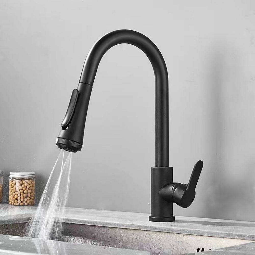 Robinet de cuisine avec pulvérisateur, laiton noir mat 4 fonctions monocommande design à bouton unique extractible / extractible centerset robinets de cuisine contemporains (avec distributeur de de 2025 ? $129.99 –P9