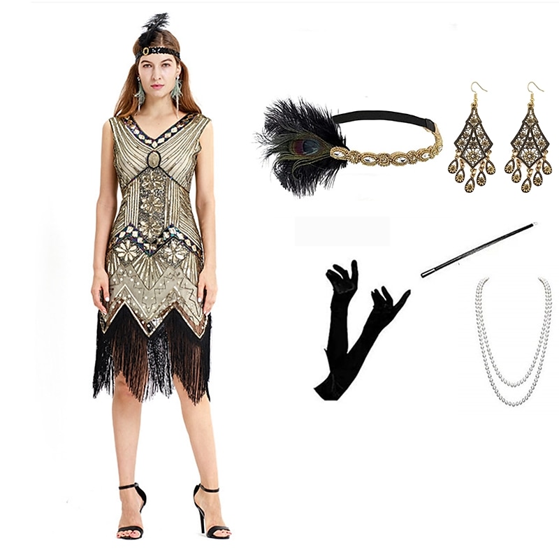 Anni Ruggenti Ispirato al vintage Il grande Gatsby Lunghezza corta Abito Flapper Vestito Abiti Senza maniche Il grande Gatsby Invitato al matrimonio Paillettes Frangia con nappe Paillettes Scollo a V del 2025 a $73.99 –P11