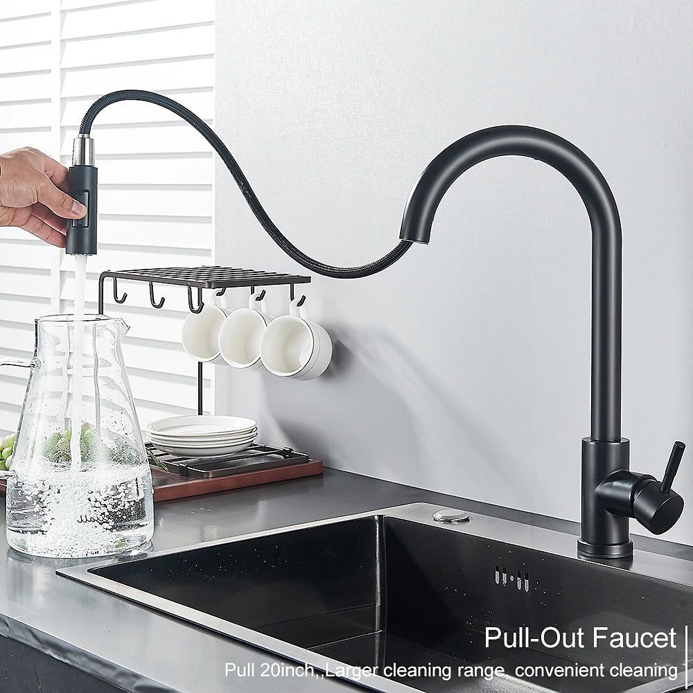 Robinet mitigeur d'évier de cuisine avec pulvérisateur extractible, robinet de récipient rotatif en acier inoxydable, robinet de pulvérisation en mode pluie/cascade, robinet de robinet de cuisine noir et argent avec distributeur de savon de 2025 ? $113.99 –P2