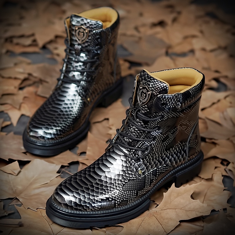 Botines de charol con estampado de pitón azul para hombre con diseño de cordones: botas llamativas y de alto brillo para looks casuales y de noche a la moda 2025 - $64.99 –P6