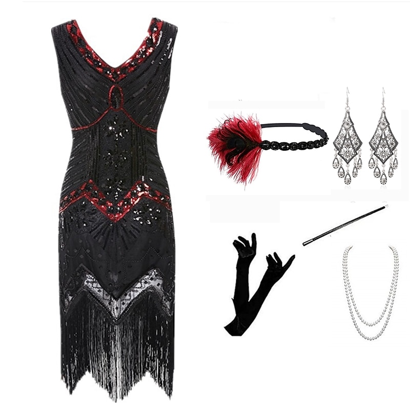 Anni Ruggenti Ispirato al vintage Il grande Gatsby Lunghezza corta Abito Flapper Vestito Abiti Senza maniche Il grande Gatsby Invitato al matrimonio Paillettes Frangia con nappe Paillettes Scollo a V del 2025 a $73.99 –P3