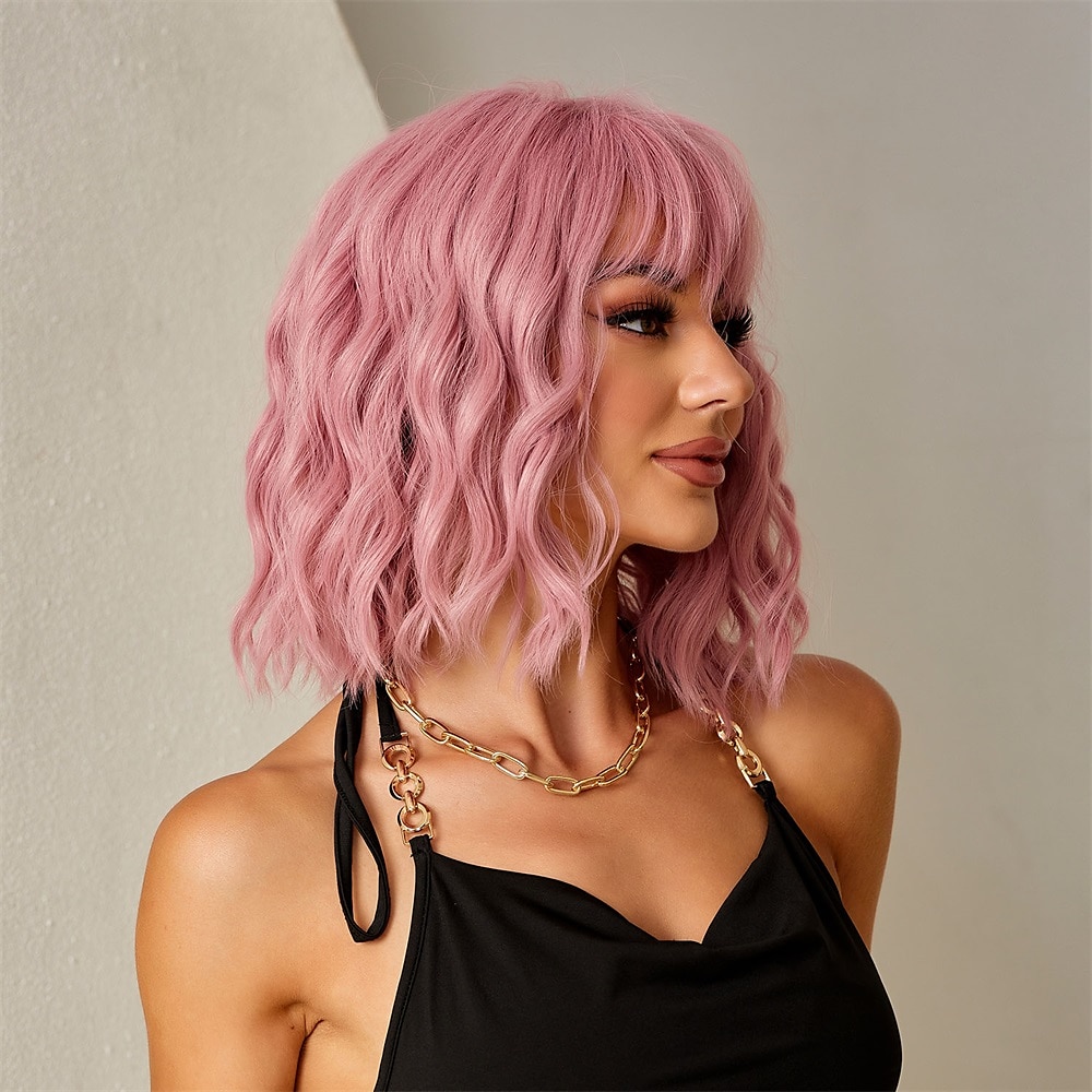 perruque bob rose courte perruque synthétique de cheveux de vague naturelle pour les femmes partie quotidienne haute densité résistant à la chaleur perruques de fête de noël de 2025 ? $28.99 –P3
