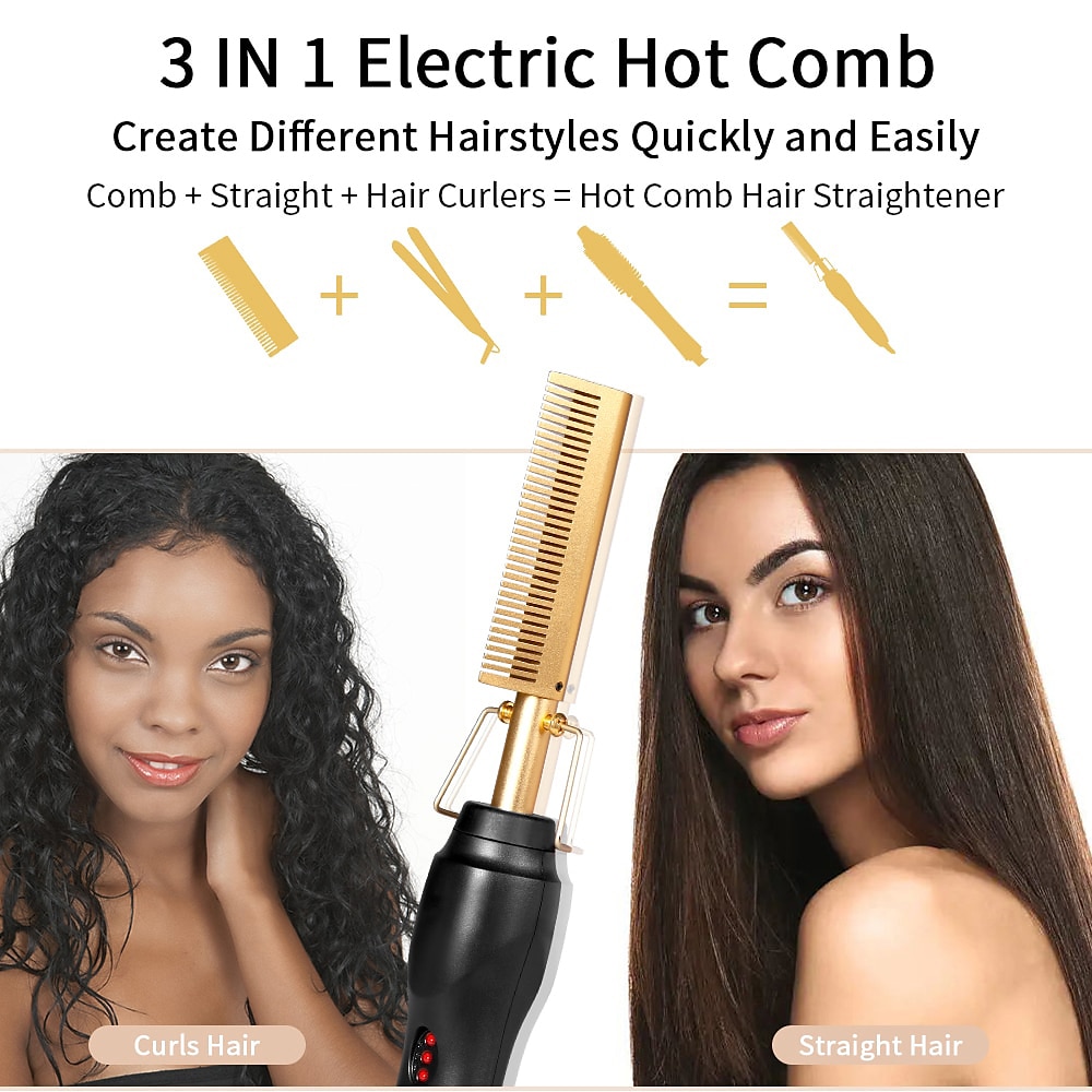 2 in 1 Hot Comb Hair Straightener Flat Irons Straightening Wet Dry Dual Use Brush Electric Heating Comb Hair Straight Styler Hair Curler Valentine's Day Gift 2026 - $22.99 –P4
