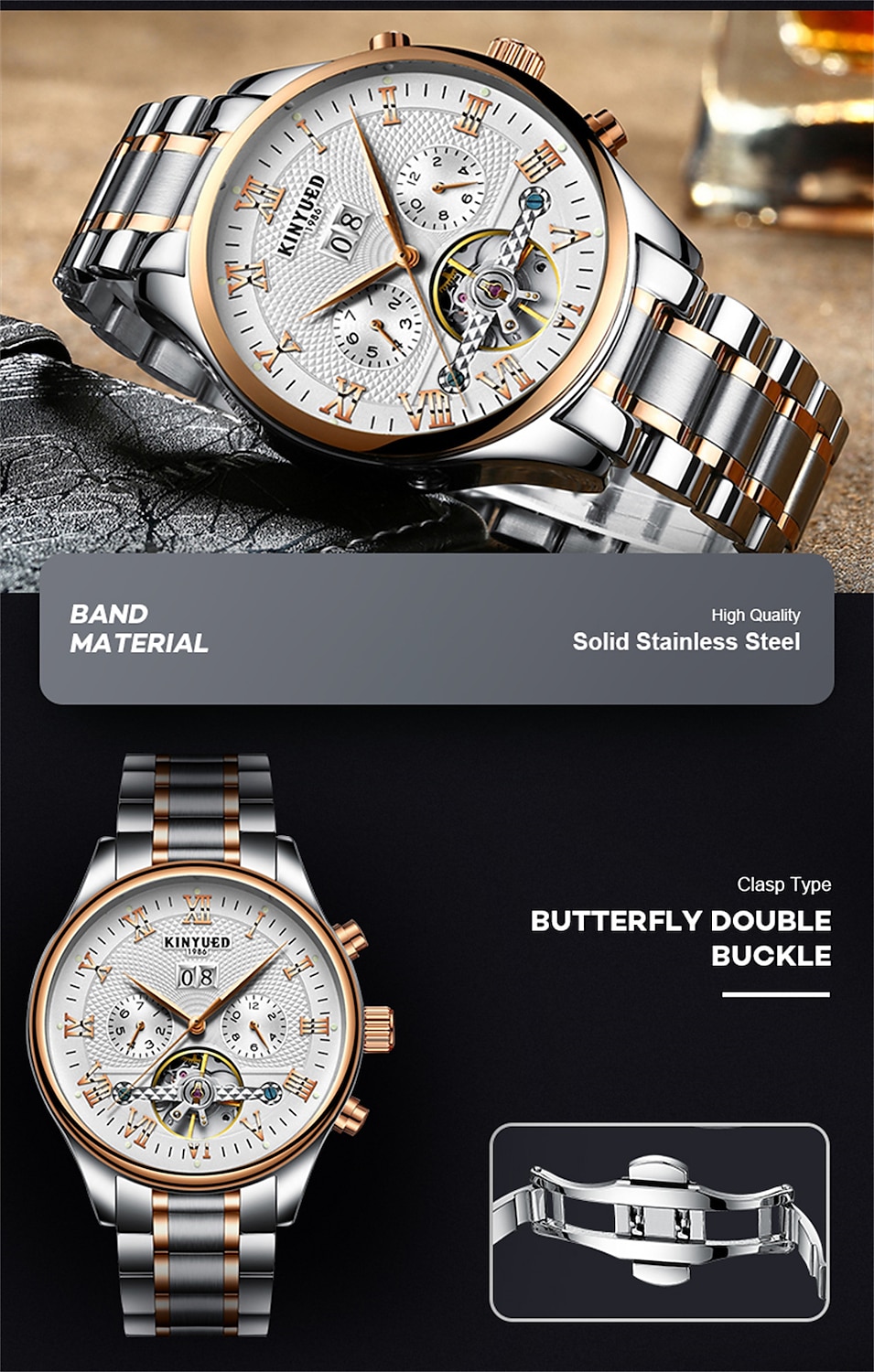 Kinyued Automatic Mechanical Luxury Man Watch Dual Time Zone Skeleton  Flywheel Wristwatch Waterproof Leather Strap Man's Watch - AliExpress