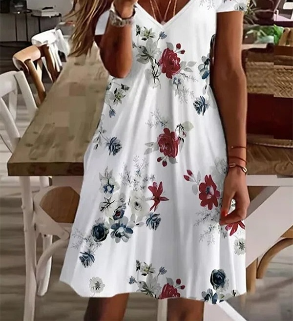 Kvinnors Mini Klänning Petite Klänning T Shirt Klänning Tee Klänning Sommarklänning A-Line Klänning Söt Utomhus Semester Födelsedag Regular Fit Blommig Kort Ärmar V-Hals Svart Vit Rosa Vin Sommar 2025 - $23.99 –P3