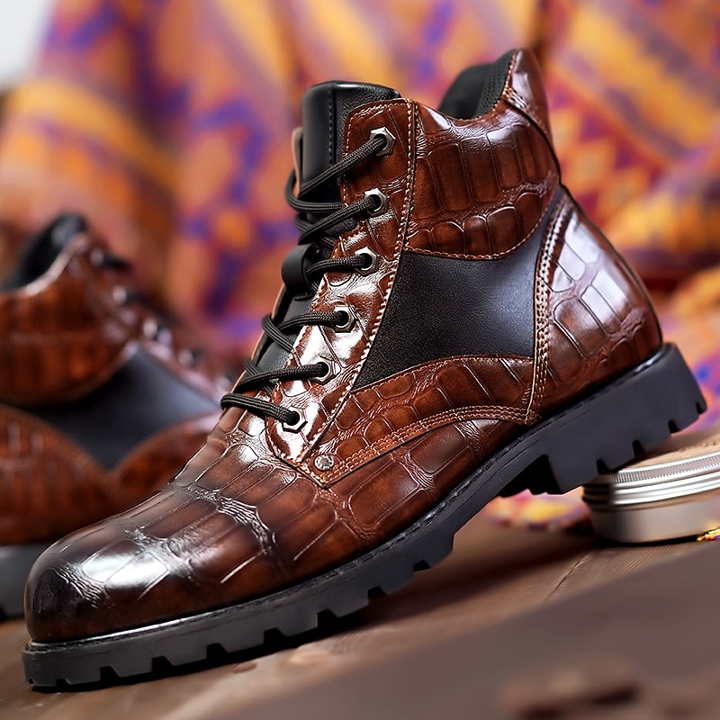 Men's Brown Faux Leather Lace-Up Boots with Crocodile Pattern and Rugged Sole, Stylish and Durable for Outdoor and Casual Wear 2025 - $59.99 –P1