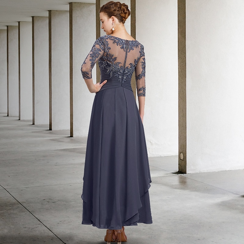 A-linjeformad klänning för brudens mor bröllopsgäst elegant plus size juvelhals ankellängd chiffong spets 3/4 längd ärm med ruched paljetter applikationer gratis anpassad storlek 2025 - $179.99 –P4