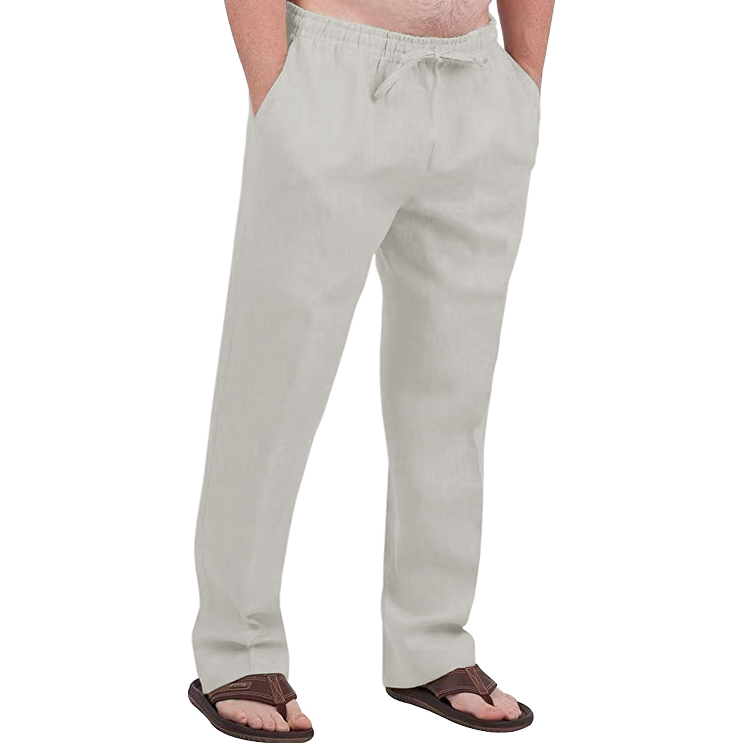 Men's Linen Pants Trousers Summer Pants Drawstring Elastic Waist Front Pocket Plain Comfort Soft Casual Daily Cotton Blend Fashion Classic Gray Green White 2025 - $17.99 –P5
