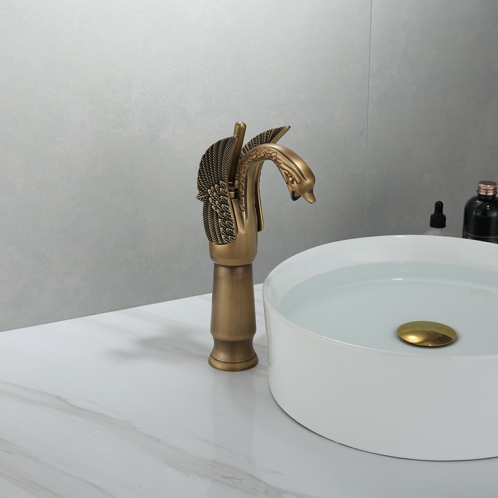 Antique Bathroom Sink Mixer Faucet, Washroom Basin Taps Brass Swan Shape Copper Electroplated Finish Vintage Style Single Handle One Hole Water Taps with Cold Hot Hose 2025 - $97.99 –P5