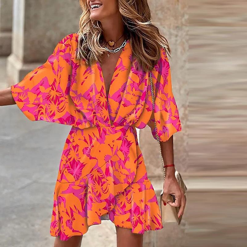 Femme Mini robe Robe casual mode Moderne Décontractées Vacances du quotidien Sortie Standard Floral Imprime Demi Manches Col V Noir Rouge Orange Vert Eté Printemps de 2025 ? $25.99 –P3