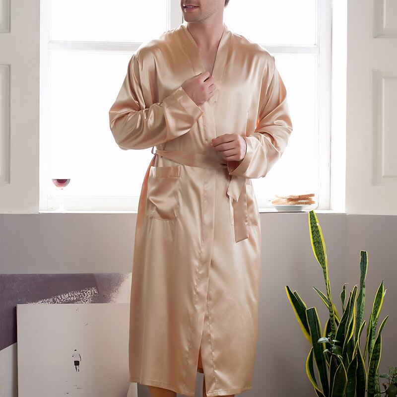 Herren Morgenmantel Seidenrobe Schlafanzüge Kimono aus Seide 1 pc Einfarbig Modisch Komfort Weich Heim Bett Kunstseide Polyester Atmungsaktiv V-Wire Ausschnitt Langarm Grundlegend Herbst Frühling 2025 - $21.99 –P6