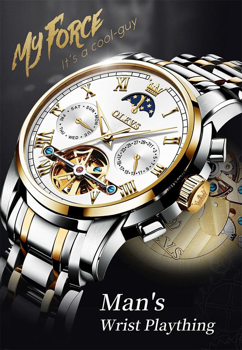 OLEVS мужские механические часы календарь роскошные водонепроницаемые модные автоматические самозаводные часы с фазами луны светящиеся из нержавеющей стали 2026 - $94.99 –P1