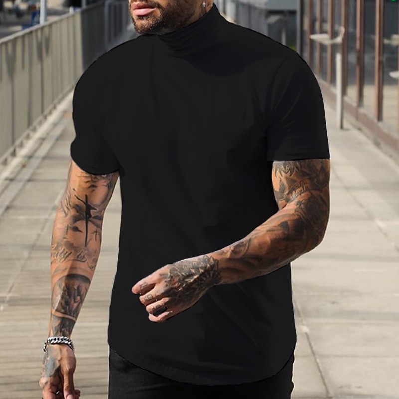 Men's T Shirt Mock Turtleneck Short Sleeve Turtleneck Summer Plain Fashion Casual Comfortable Street Holiday Beach Wine Black White Top Tee for Men 2025 - $17.99 –P3