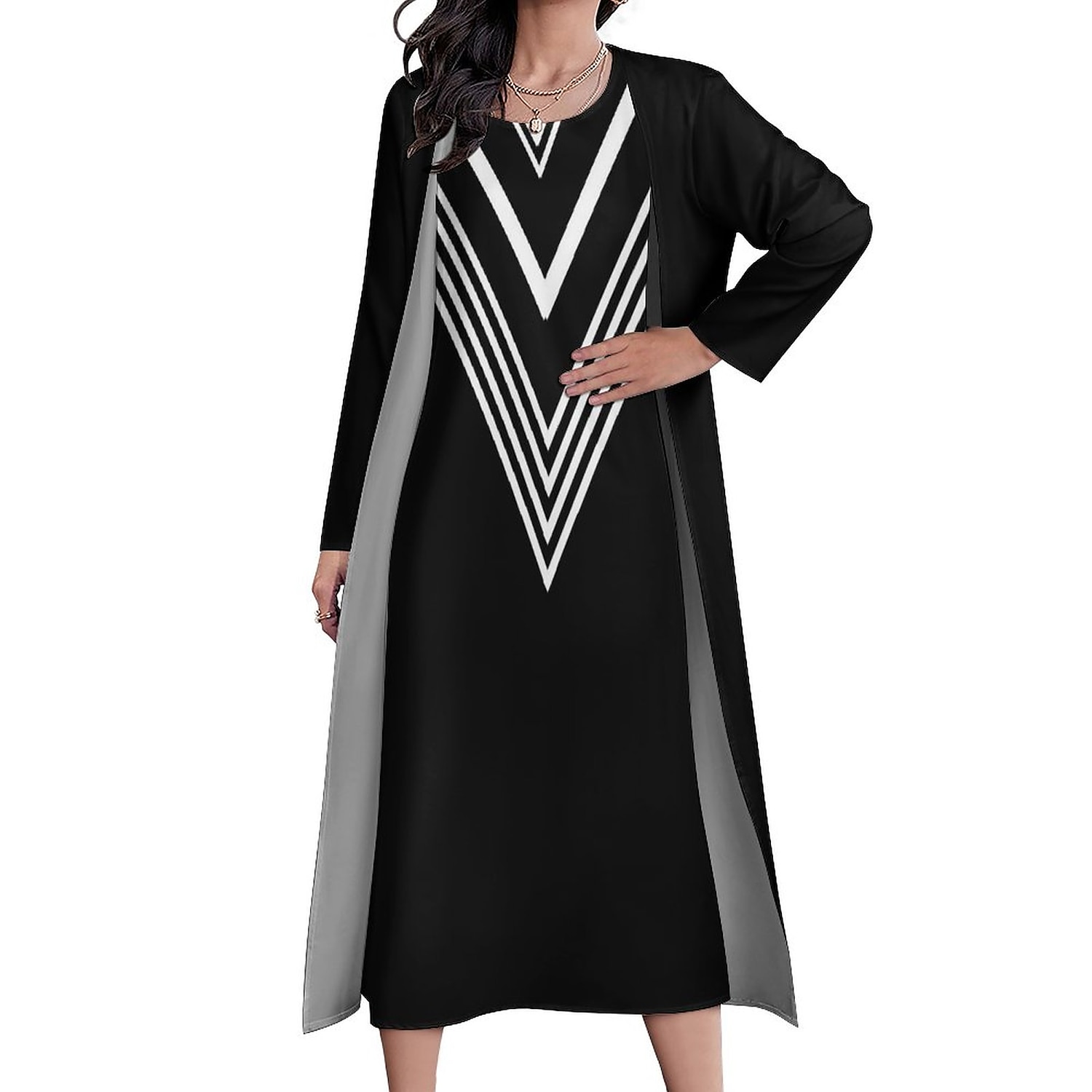 Women's Long Dress Maxi Dress Dress Set Two Piece Dress Church Dress Vacation Casual Winter Dress Holiday Date Loose Fit Color Block Long Sleeve Crew Neck Black and white stripes Fall Winter 2025 - $44.99 –P2