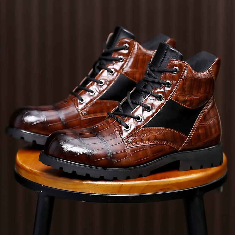 Men's Brown Faux Leather Lace-Up Boots with Crocodile Pattern and Rugged Sole, Stylish and Durable for Outdoor and Casual Wear 2025 - $59.99 –P13