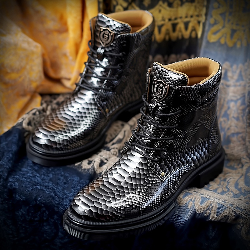 Botines de charol con estampado de pitón azul para hombre con diseño de cordones: botas llamativas y de alto brillo para looks casuales y de noche a la moda 2025 - $64.99 –P5