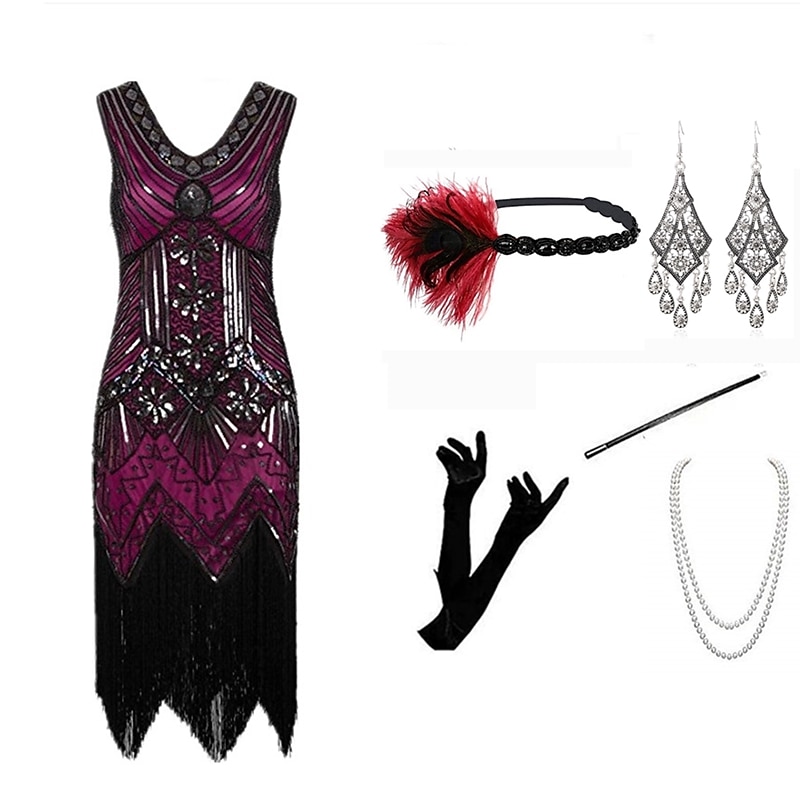 Anni Ruggenti Ispirato al vintage Il grande Gatsby Lunghezza corta Abito Flapper Vestito Abiti Senza maniche Il grande Gatsby Invitato al matrimonio Paillettes Frangia con nappe Paillettes Scollo a V del 2025 a $73.99 –P9