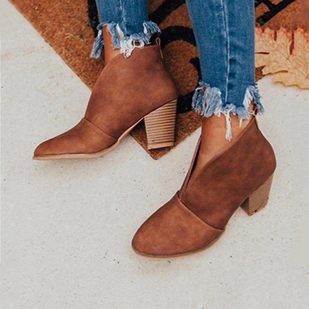 Women's Black Ankle Boots – Trendy V-Cut Slip-On Booties with Chunky Block Heels for Casual & Fall Outfits 2025 - $42.99 –P7