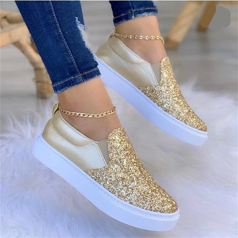 Women's Trainers Athletic Shoes Sneakers Outdoor Daily Sequins Plus Size Bling  Bling Sneakers Sequin Flat Heel Round Toe Sporty Casual Tennis Shoes Wa