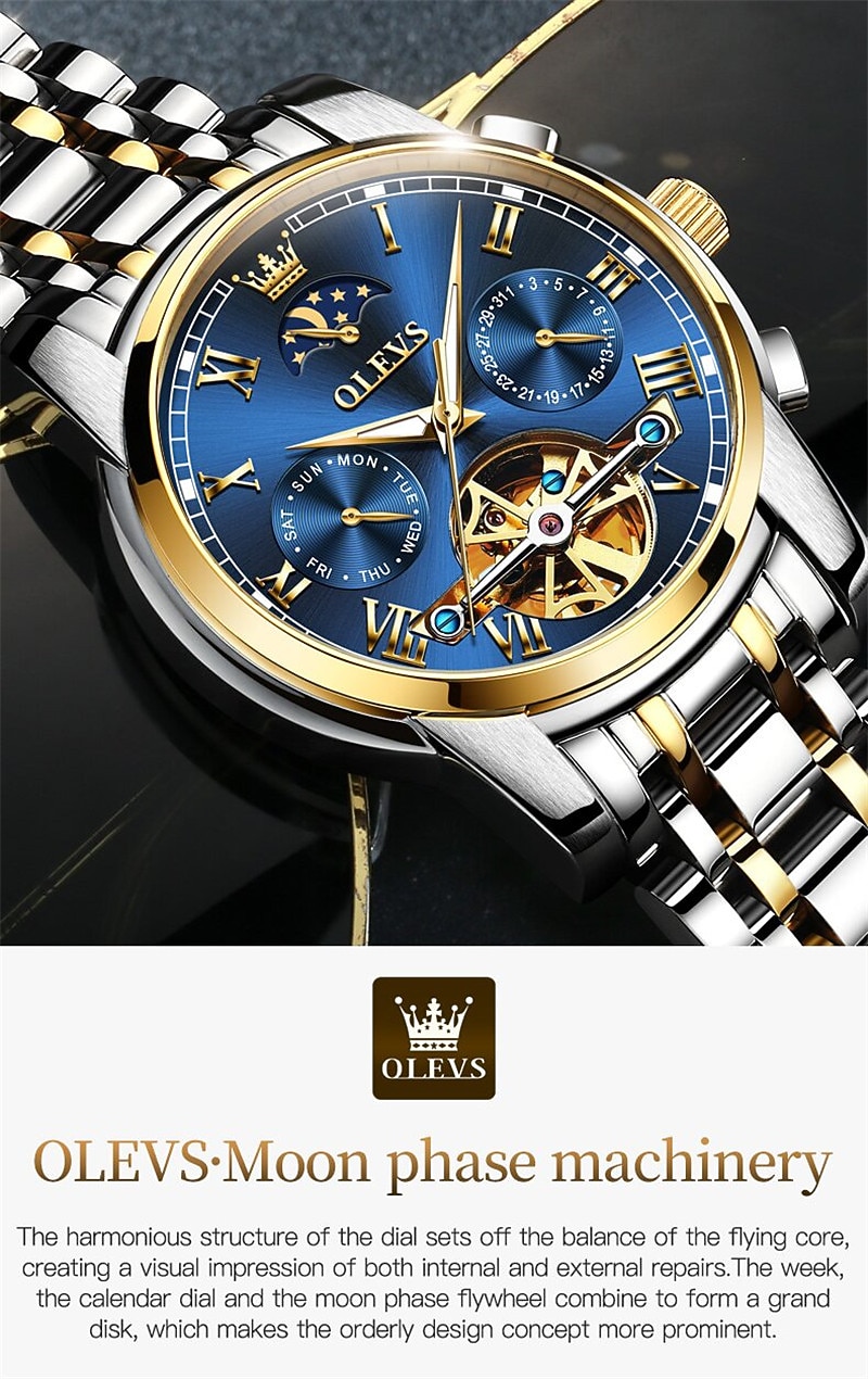 OLEVS мужские механические часы календарь роскошные водонепроницаемые модные автоматические самозаводные часы с фазами луны светящиеся из нержавеющей стали 2026 - $94.99 –P7