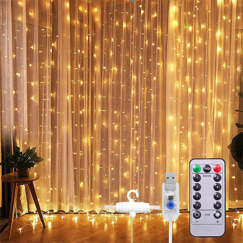 led gardinlys 3x3m-300 led 8 moduser usb med fjernkontroll 9 farger for hjemmerom soverom bryllupsfest jul vindu veggdekorasjoner rominnredning 2025 - $24.99 –P1
