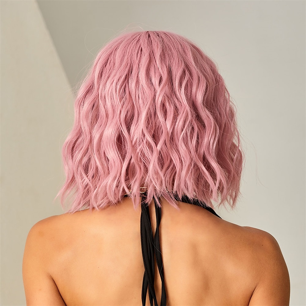 perruque bob rose courte perruque synthétique de cheveux de vague naturelle pour les femmes partie quotidienne haute densité résistant à la chaleur perruques de fête de noël de 2025 ? $28.99 –P4