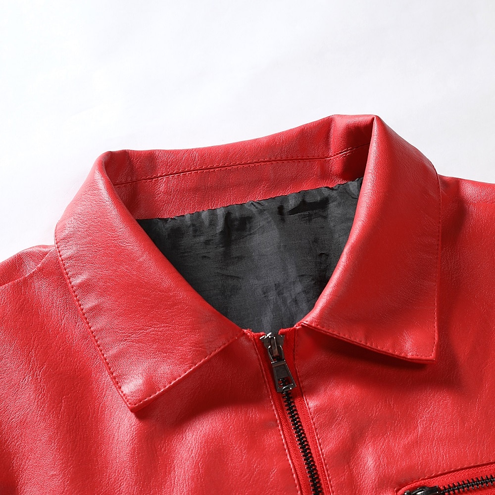 Herren Kunstlederjacke übergangsjacke Bikerjacke Rote Lederjacke Party Alltagstauglich Thermowarm Winddicht Kunstpelzbesatz Herbst Einfarbig Punk Mode Revers Regulär Kunstleder Schlank Schwarz Rote 2025 - $51.99 –P8
