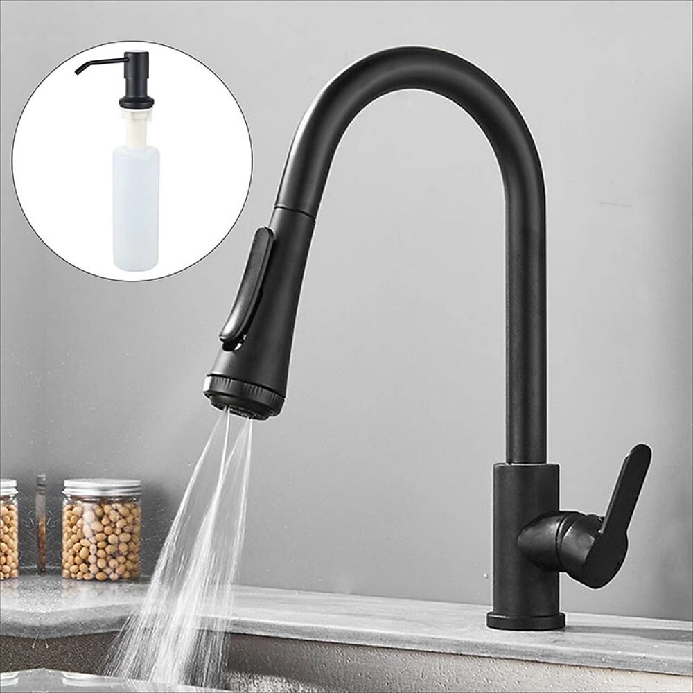 Robinet de cuisine avec pulvérisateur, laiton noir mat 4 fonctions monocommande design à bouton unique extractible / extractible centerset robinets de cuisine contemporains (avec distributeur de de 2025 ? $129.99 –P5