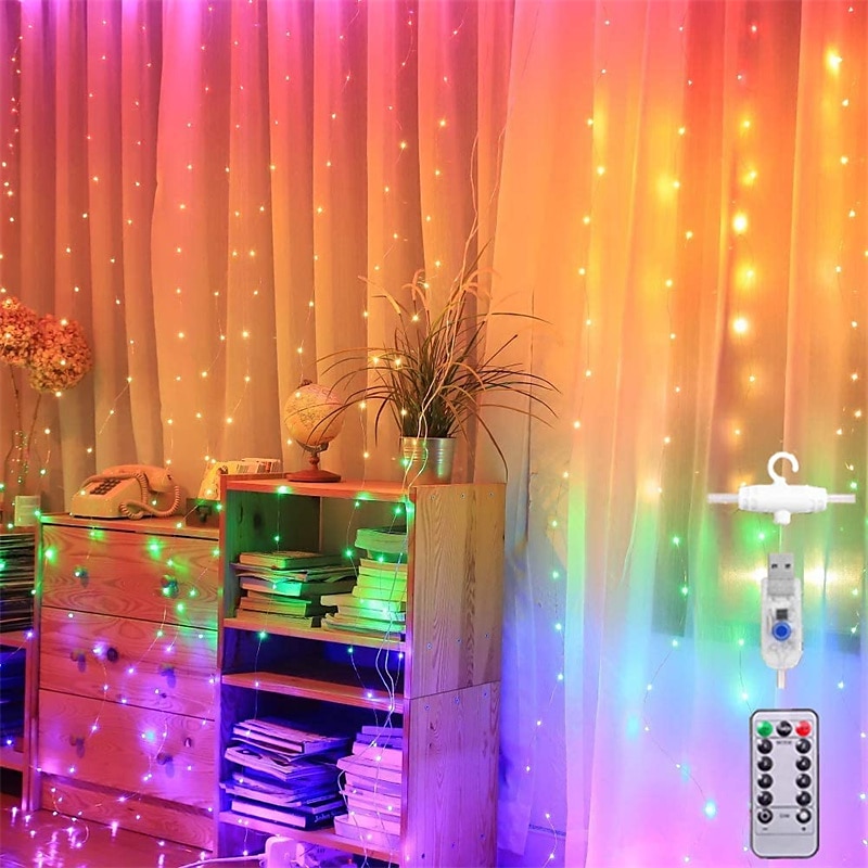 led gardinlys 3x3m-300 led 8 moduser usb med fjernkontroll 9 farger for hjemmerom soverom bryllupsfest jul vindu veggdekorasjoner rominnredning 2025 - $24.99 –P14
