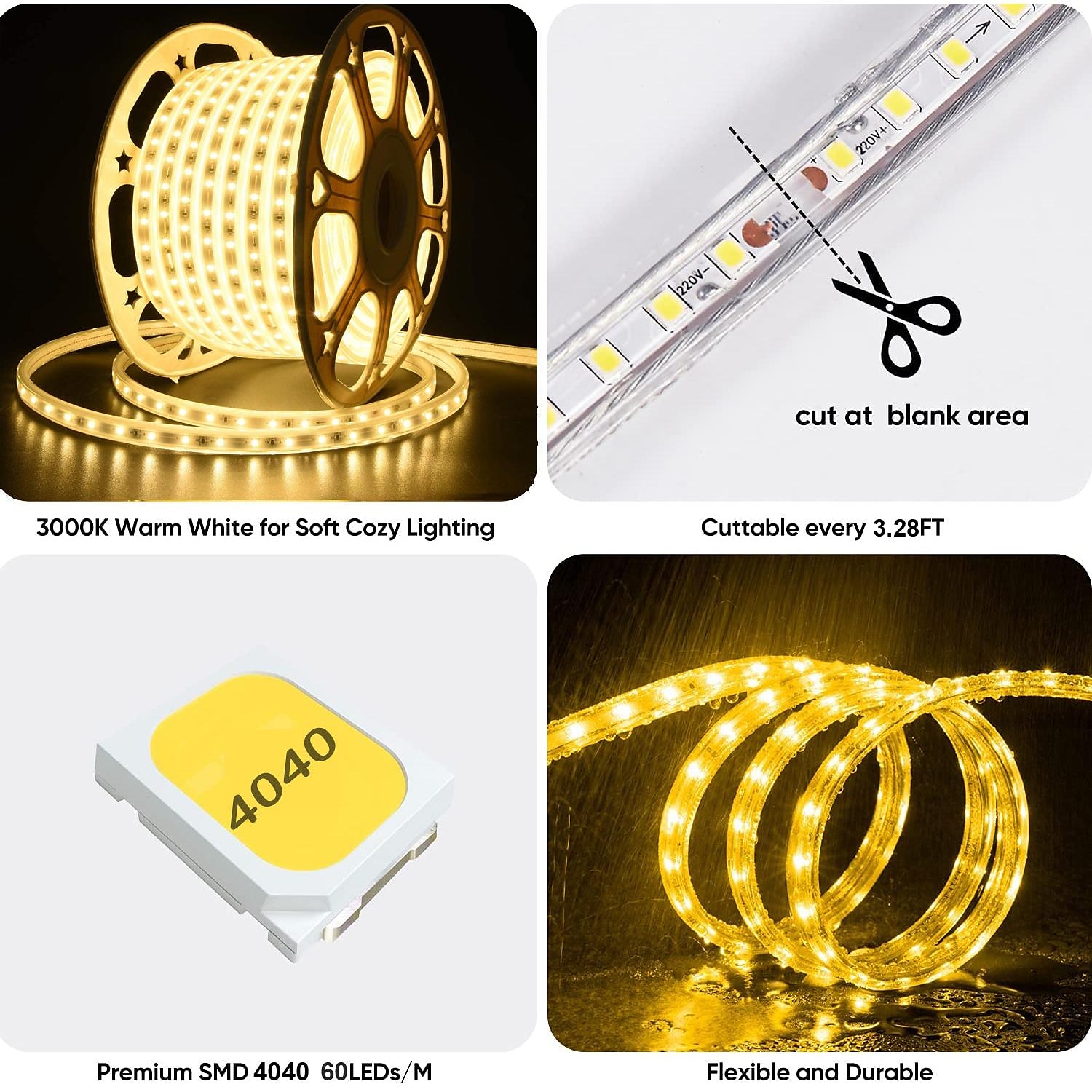 LED Strip Light Plug in Outdoor Waterproof IP67 AC220V 4040 LED Strip Light Diode Tape Holiday Decorative Light LED String with 60led / m with EU Plug 2025 - $15.99 –P3