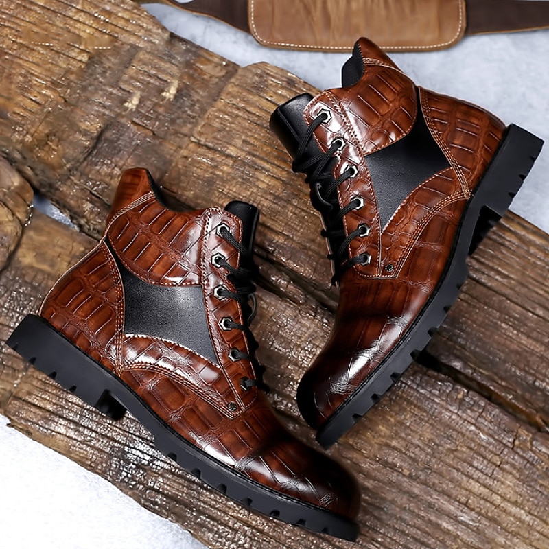 Men's Brown Faux Leather Lace-Up Boots with Crocodile Pattern and Rugged Sole, Stylish and Durable for Outdoor and Casual Wear 2025 - $59.99 –P12