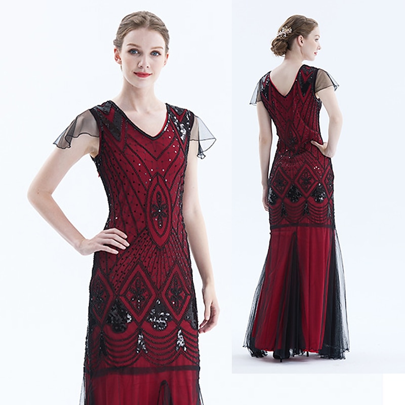 Rugido 20s 1920s Maxi Hasta el Tobillo Vestidos Vestido de noche Vestido de fiesta de graduación Normal Mangas cortas El gran Gatsby charlestón Invitado a la boda Lentejuelas Geométrico Corte 2026 - $56.99 –P20