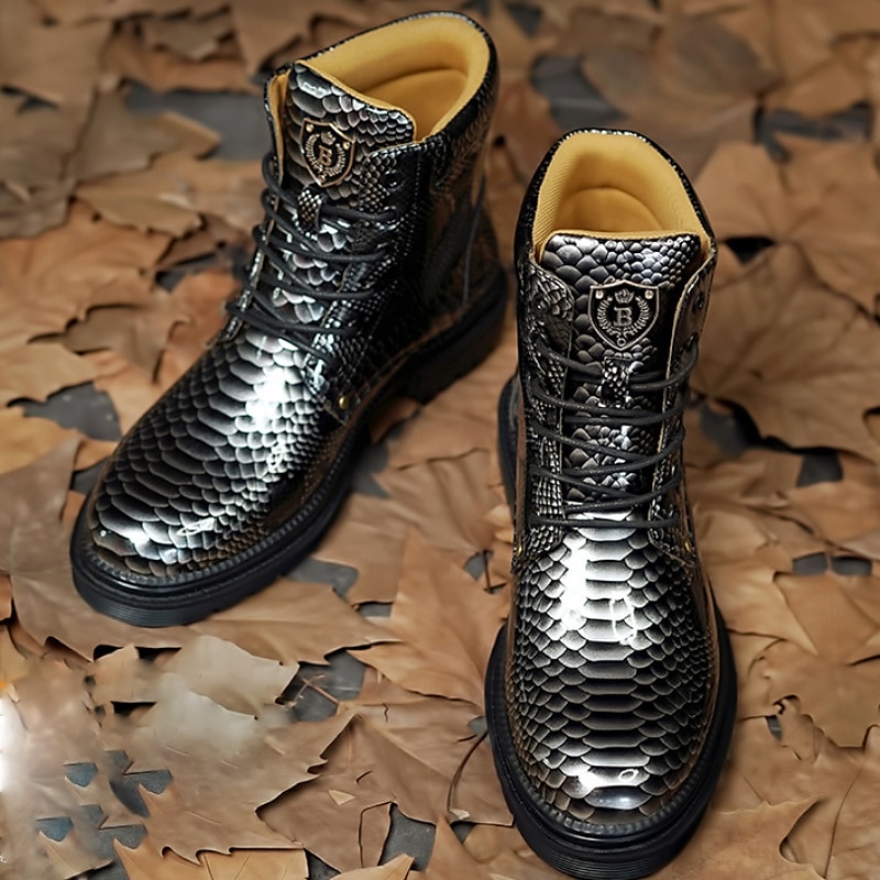 Botines de charol con estampado de pitón azul para hombre con diseño de cordones: botas llamativas y de alto brillo para looks casuales y de noche a la moda 2025 - $64.99 –P10