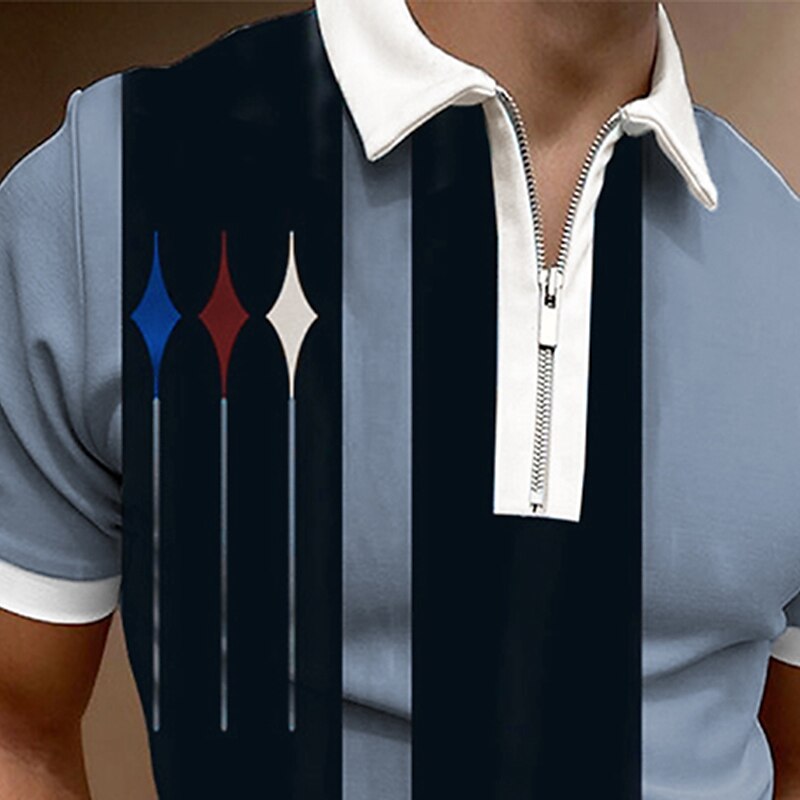 Men Casual Stripes Zip Turndown Pullover Zipper Short Sleeve