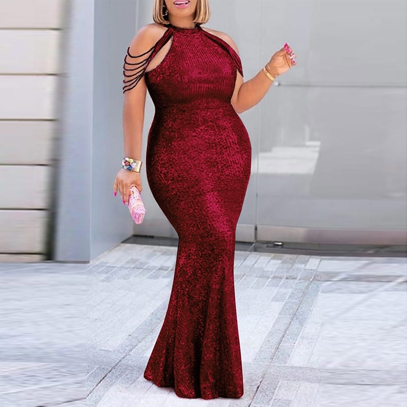 Women‘s Plus Size Pink Sequin Dress Prom Dress Party Dress Sparkly Dress Solid Color Turtleneck Sleeveless Spring Fall Elegant Formal Maxi long Dress Formal 2023 - US $69.99 –P10